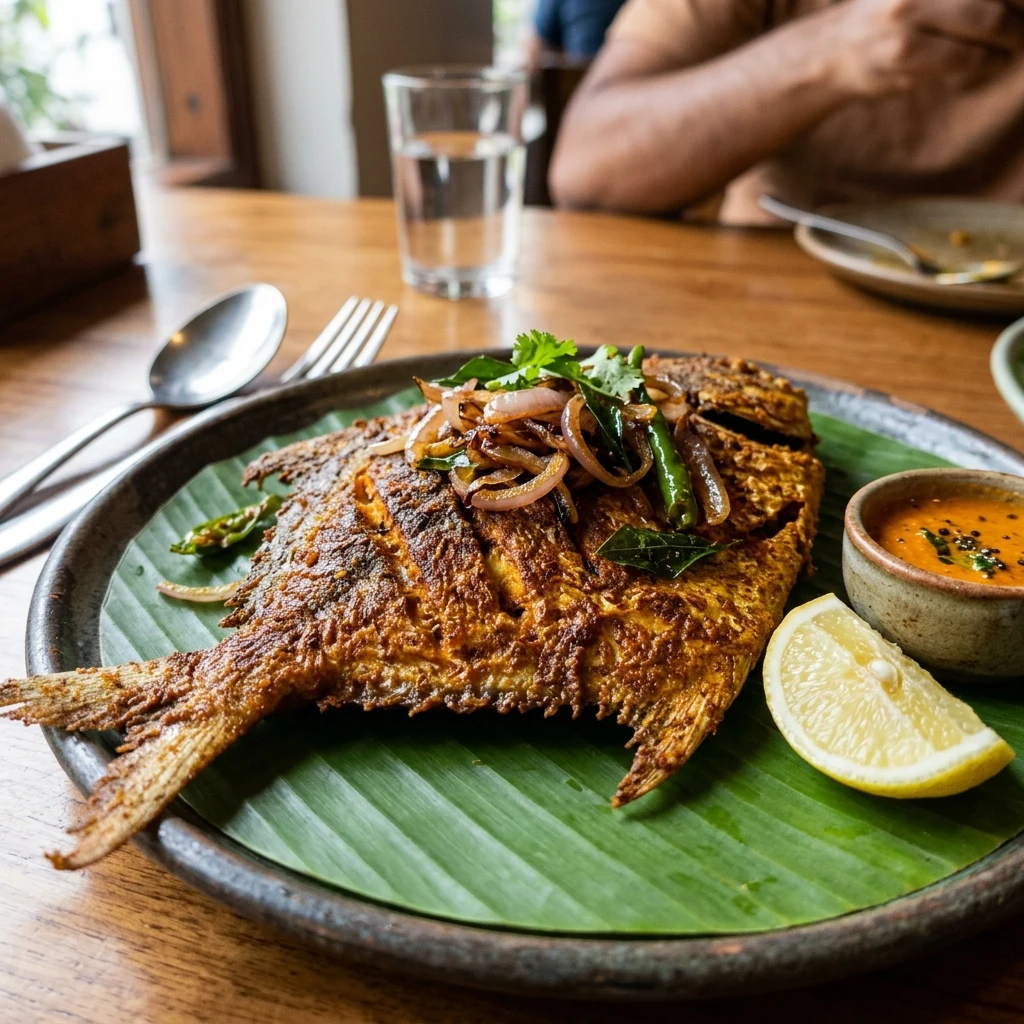 Crispy Fried Silver Pomfret (Rupchanda) with Caramelized Onions